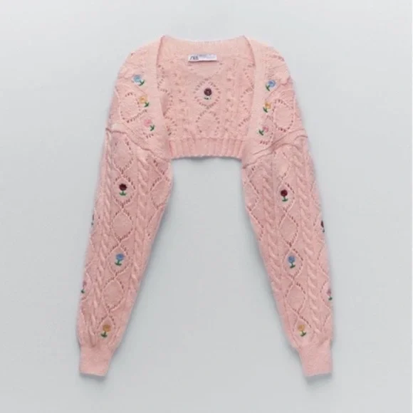 NWT ZARA PINK POINTELLE KNIT CROPPED CARDIGN - Picture 1 of 5